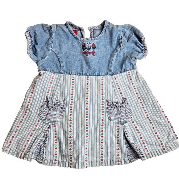 Vintage 90s Esprit Baby Denim Blue Jean Dress 12 mo Flowers - Picture 1 of 7